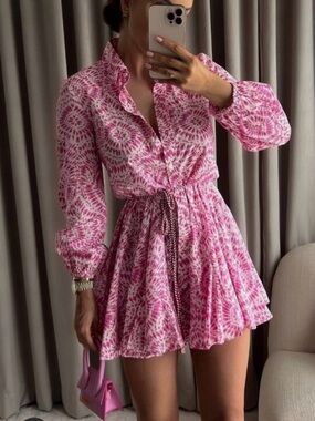 Zara Pink Tie-Dye Mini Shirt Dress with Waist Tie
